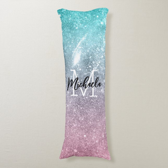 Aqua blue Pink ombre sea galaxy abstract Monogram Body Pillow (Front Vertical)