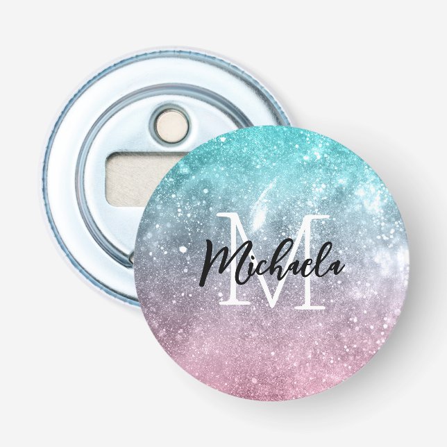 Aqua blue Pink ombre sea galaxy abstract Monogram Bottle Opener (Front)