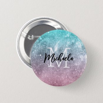 Aqua Blue Pink Ombre Sea Galaxy Abstract Monogram Button by PLdesign at Zazzle