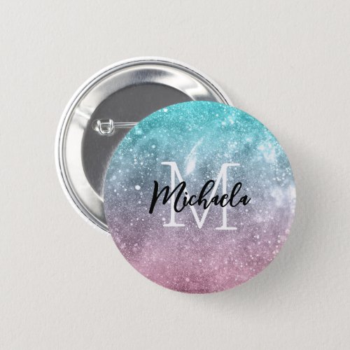 Aqua blue Pink ombre sea galaxy abstract Monogram Button