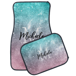 Aqua blue Pink ombre sea galaxy abstract Monogram Car Floor Mat