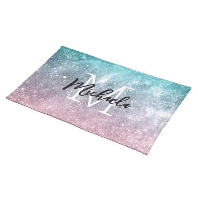 Aqua blue Pink ombre sea galaxy abstract Monogram Cloth Placemat (On Table)