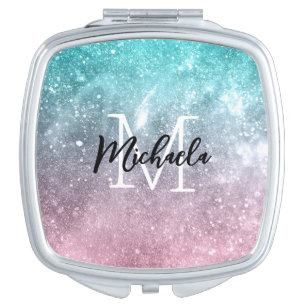 Aqua blue Pink ombre sea galaxy abstract Monogram Compact Mirror