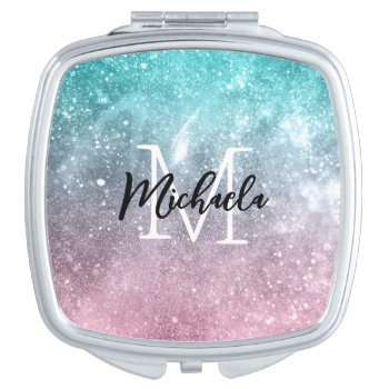 Aqua Blue Pink Ombre Sea Galaxy Abstract Monogram Compact Mirror by PLdesign at Zazzle