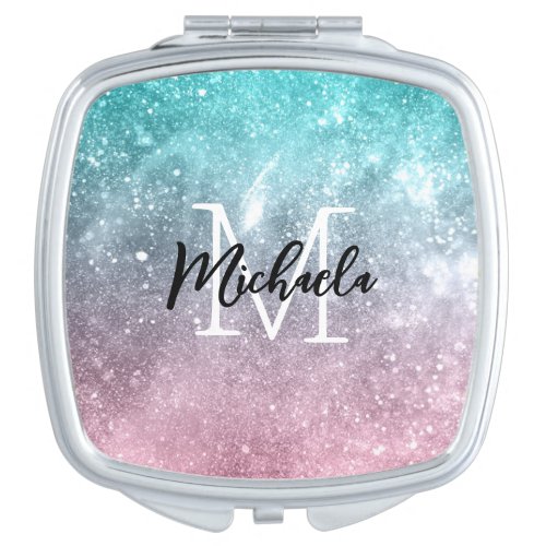 Aqua blue Pink ombre sea galaxy abstract Monogram Compact Mirror