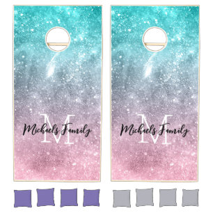 Aqua blue Pink ombre sea galaxy abstract Monogram Cornhole Set
