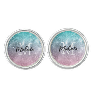 Aqua blue Pink ombre sea galaxy abstract Monogram Cufflinks