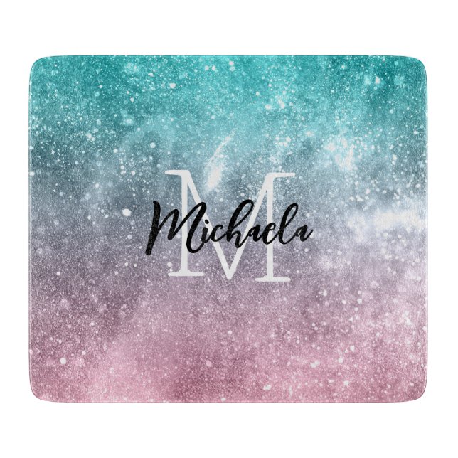 Aqua blue Pink ombre sea galaxy abstract Monogram Cutting Board (Front)