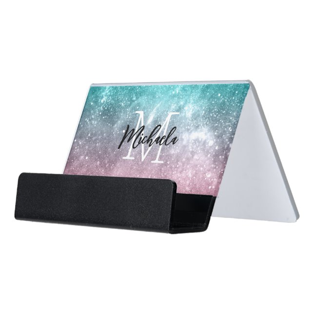 Aqua blue Pink ombre sea galaxy abstract Monogram Desk Business Card Holder (Angled Front)