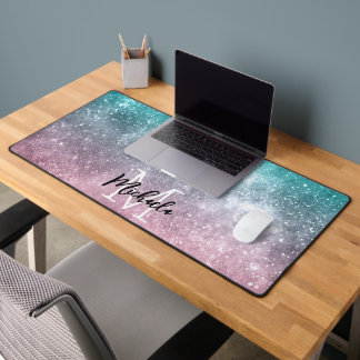 Aqua blue Pink ombre sea galaxy abstract Monogram Desk Mat