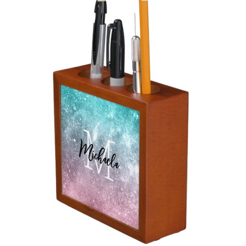 Aqua blue Pink ombre sea galaxy abstract Monogram Desk Organizer