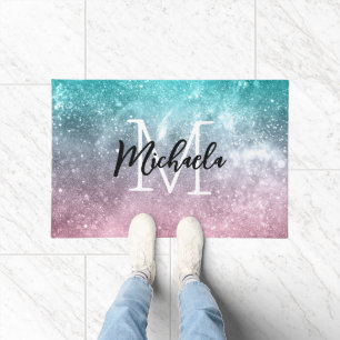 Aqua blue Pink ombre sea galaxy abstract Monogram Doormat