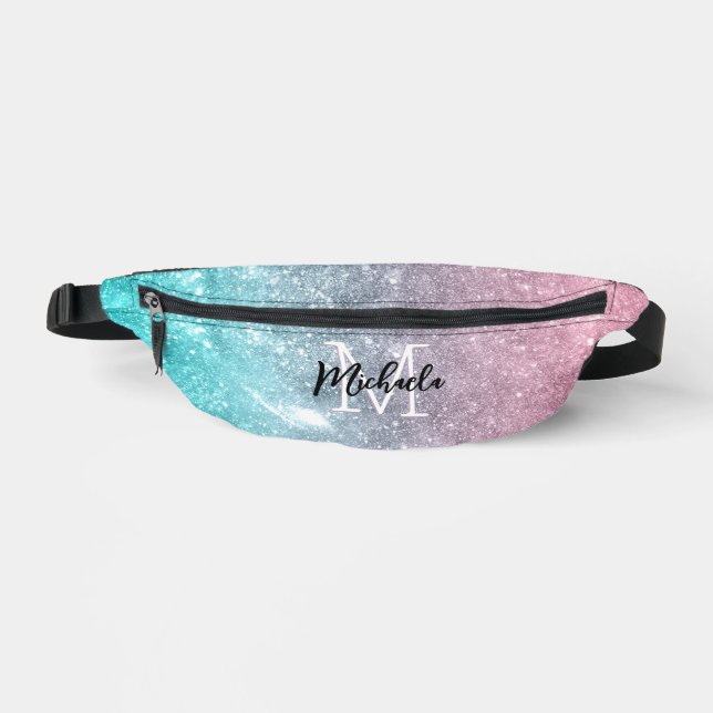 Aqua blue Pink ombre sea galaxy abstract Monogram Fanny Pack (Front)