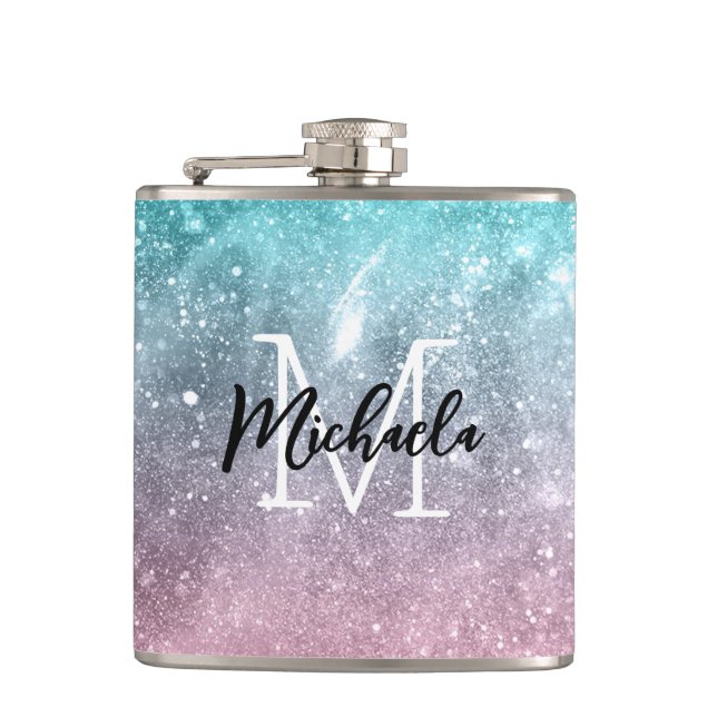 Aqua blue Pink ombre sea galaxy abstract Monogram Flask (Front)