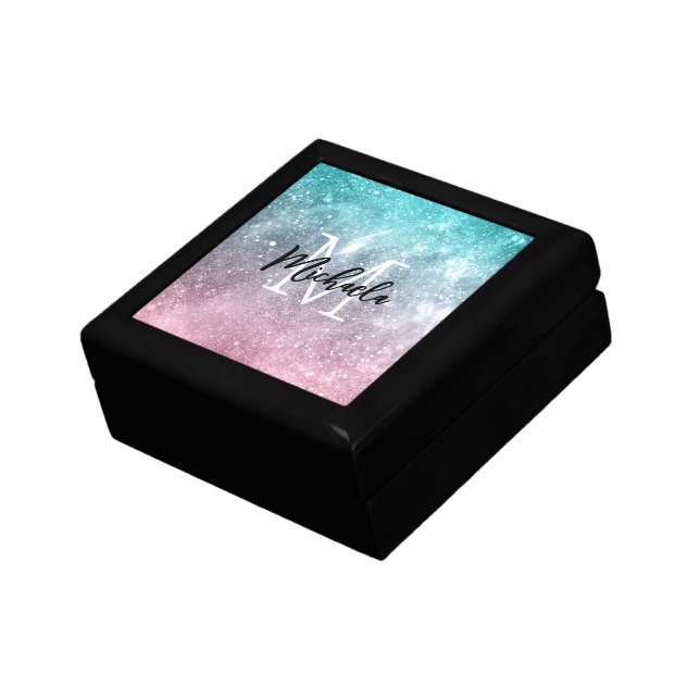 Aqua blue Pink ombre sea galaxy abstract Monogram Gift Box (Side)