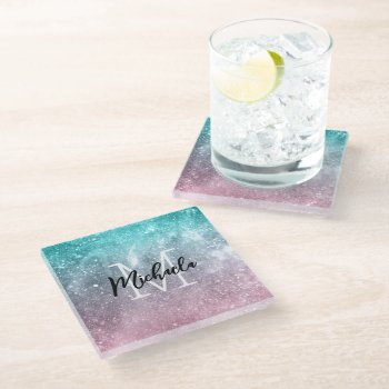 Aqua Blue Pink Ombre Sea Galaxy Abstract Monogram Glass Coaster by PLdesign at Zazzle