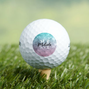 Aqua blue Pink ombre sea galaxy abstract Monogram Golf Balls