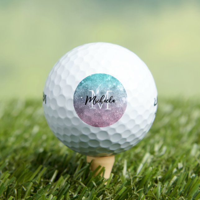 Aqua blue Pink ombre sea galaxy abstract Monogram Golf Balls (Insitu Tee)