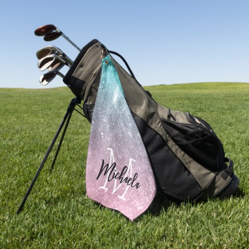 Aqua blue Pink ombre sea galaxy abstract Monogram Golf Towel