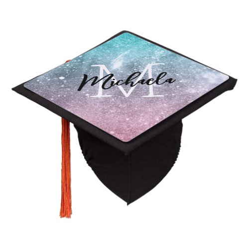 Aqua blue Pink ombre sea galaxy abstract Monogram Graduation Cap Topper