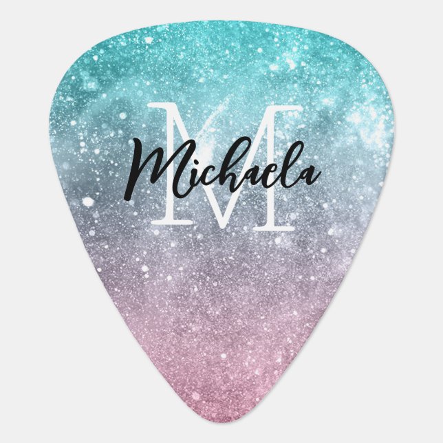 Aqua blue Pink ombre sea galaxy abstract Monogram Guitar Pick (Front)