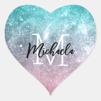 Aqua Blue Pink Ombre Sea Galaxy Abstract Monogram Heart Sticker by PLdesign at Zazzle