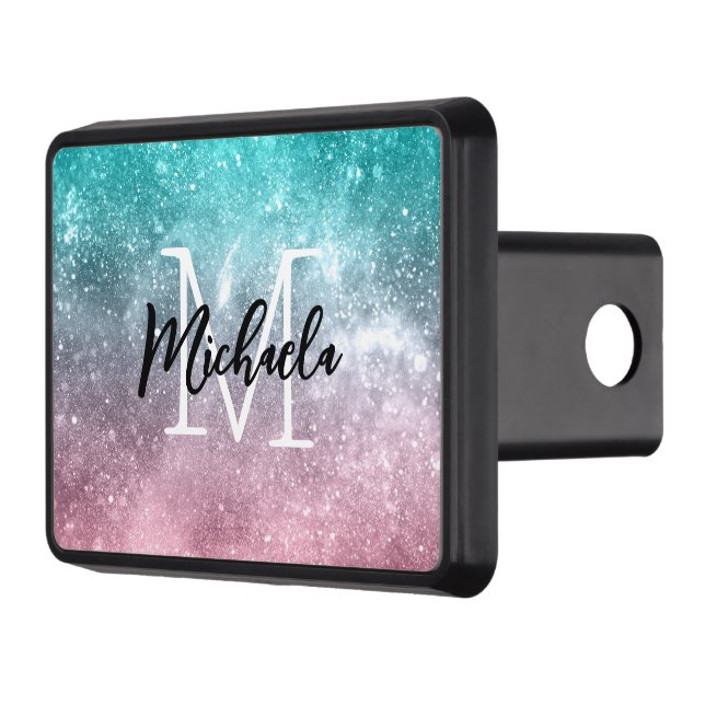 Aqua blue Pink ombre sea galaxy abstract Monogram Hitch Cover (Left)