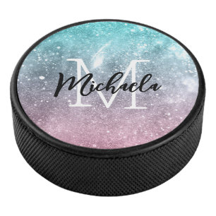 Aqua blue Pink ombre sea galaxy abstract Monogram Hockey Puck