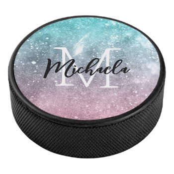Aqua Blue Pink Ombre Sea Galaxy Abstract Monogram Hockey Puck by PLdesign at Zazzle