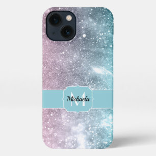 Aqua blue Pink ombre sea galaxy abstract Monogram iPhone 13 Case