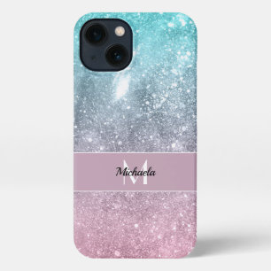 Aqua blue Pink ombre sea galaxy abstract Monogram iPhone 13 Case