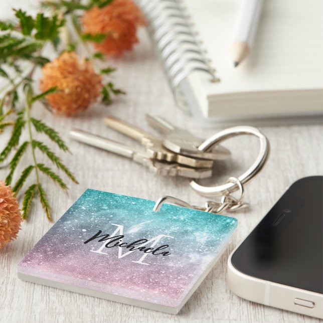 Aqua blue Pink ombre sea galaxy abstract Monogram Keychain (Front Right)