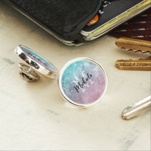 Aqua blue Pink ombre sea galaxy abstract Monogram Lapel Pin