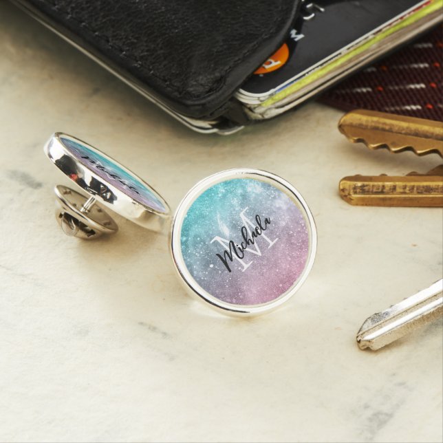 Aqua blue Pink ombre sea galaxy abstract Monogram Lapel Pin (In Situ)