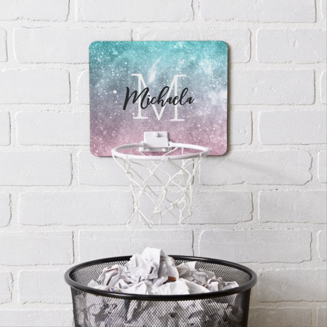 Aqua blue Pink ombre sea galaxy abstract Monogram Mini Basketball Hoop (In Situ)