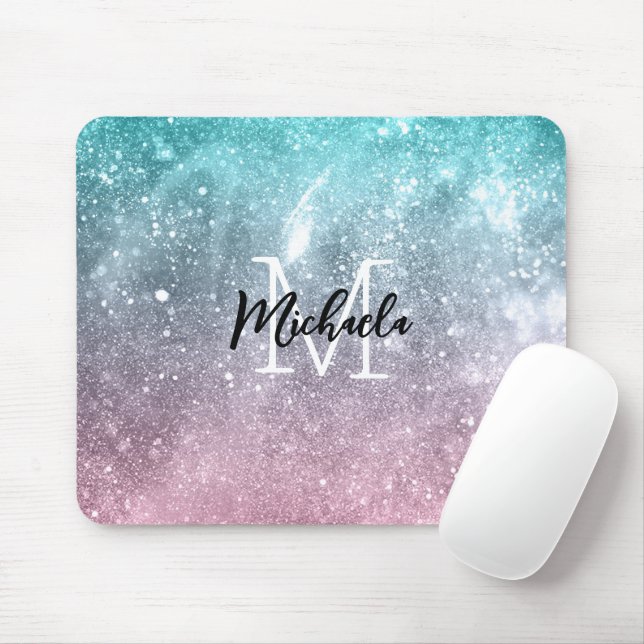 Aqua blue Pink ombre sea galaxy abstract Monogram Mouse Pad (With Mouse)