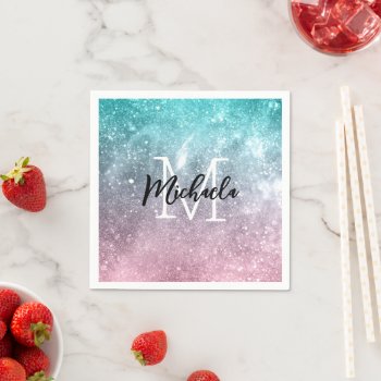 Aqua Blue Pink Ombre Sea Galaxy Abstract Monogram Napkins by PLdesign at Zazzle