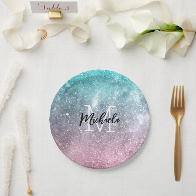 Aqua blue Pink ombre sea galaxy abstract Monogram Paper Plates (Wedding)