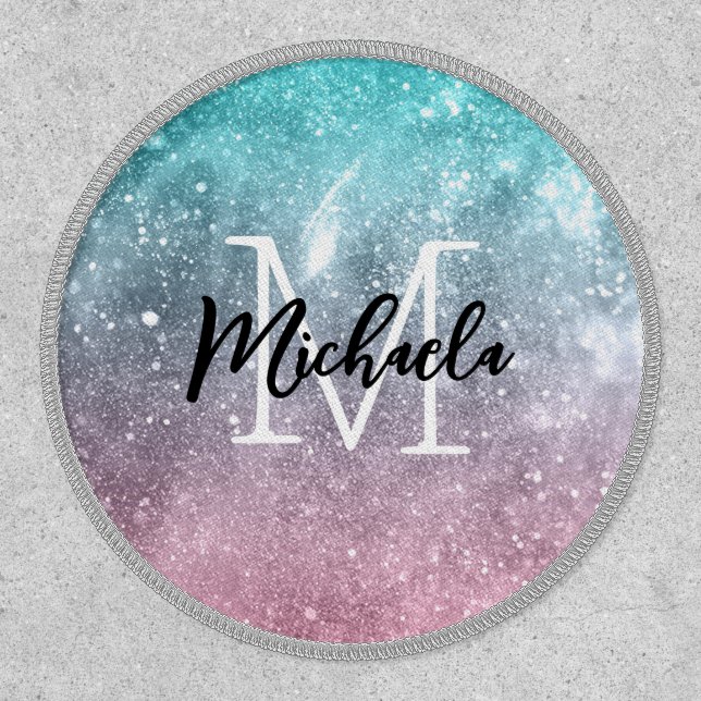 Aqua blue Pink ombre sea galaxy abstract Monogram Patch (Front)