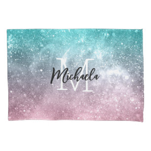 Aqua blue Pink ombre sea galaxy abstract Monogram Pillow Case