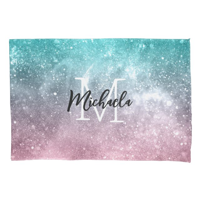 Aqua blue Pink ombre sea galaxy abstract Monogram Pillow Case (Front)