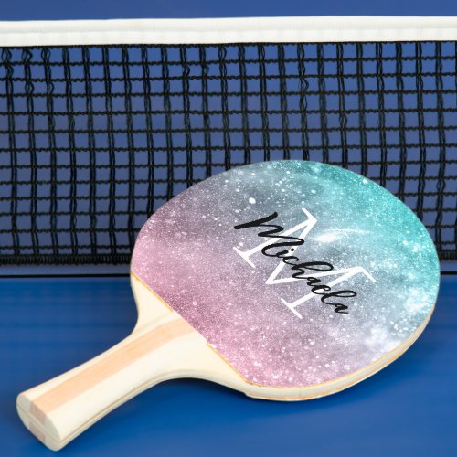 Aqua blue Pink ombre sea galaxy abstract Monogram Ping Pong Paddle