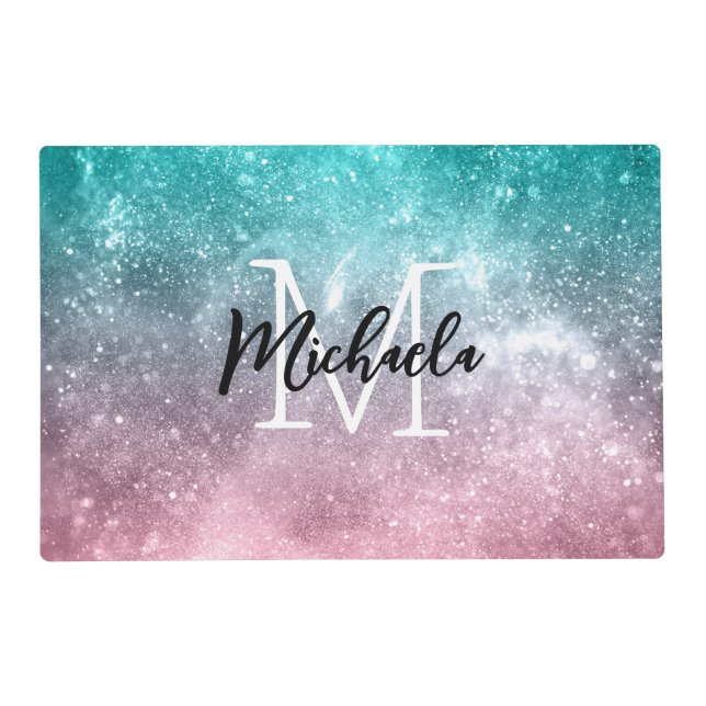 Aqua blue Pink ombre sea galaxy abstract Monogram Placemat (Front)