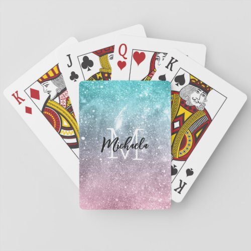 Aqua blue Pink ombre sea galaxy abstract Monogram Poker Cards