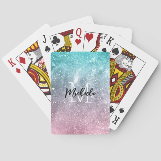 Aqua blue Pink ombre sea galaxy abstract Monogram Poker Cards (Back)
