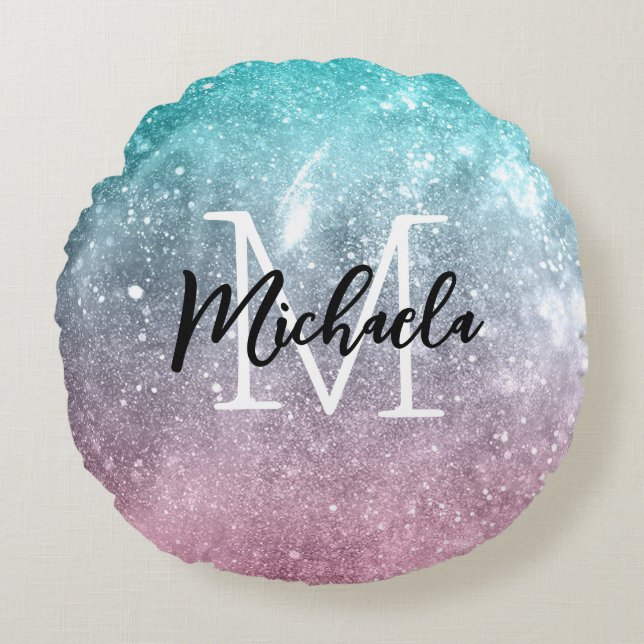 Aqua blue Pink ombre sea galaxy abstract Monogram Round Pillow (Front)