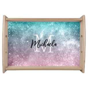 Aqua blue Pink ombre sea galaxy abstract Monogram Serving Tray