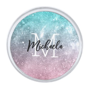Aqua Blue Pink Ombre Sea Galaxy Abstract Monogram Silver Finish Lapel Pin by PLdesign at Zazzle