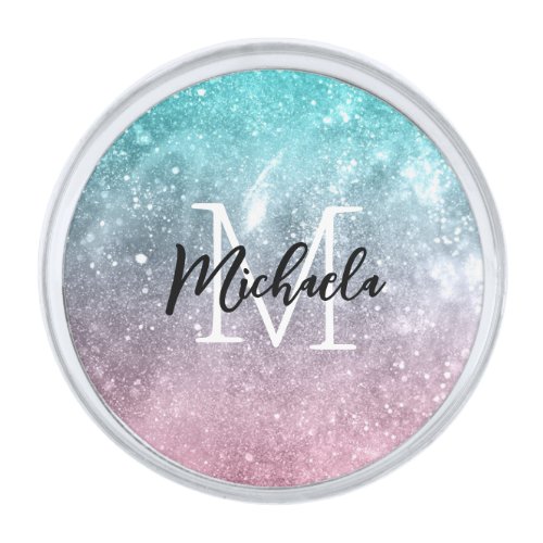 Aqua blue Pink ombre sea galaxy abstract Monogram Silver Finish Lapel Pin