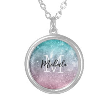 Aqua Blue Pink Ombre Sea Galaxy Abstract Monogram Silver Plated Necklace by PLdesign at Zazzle